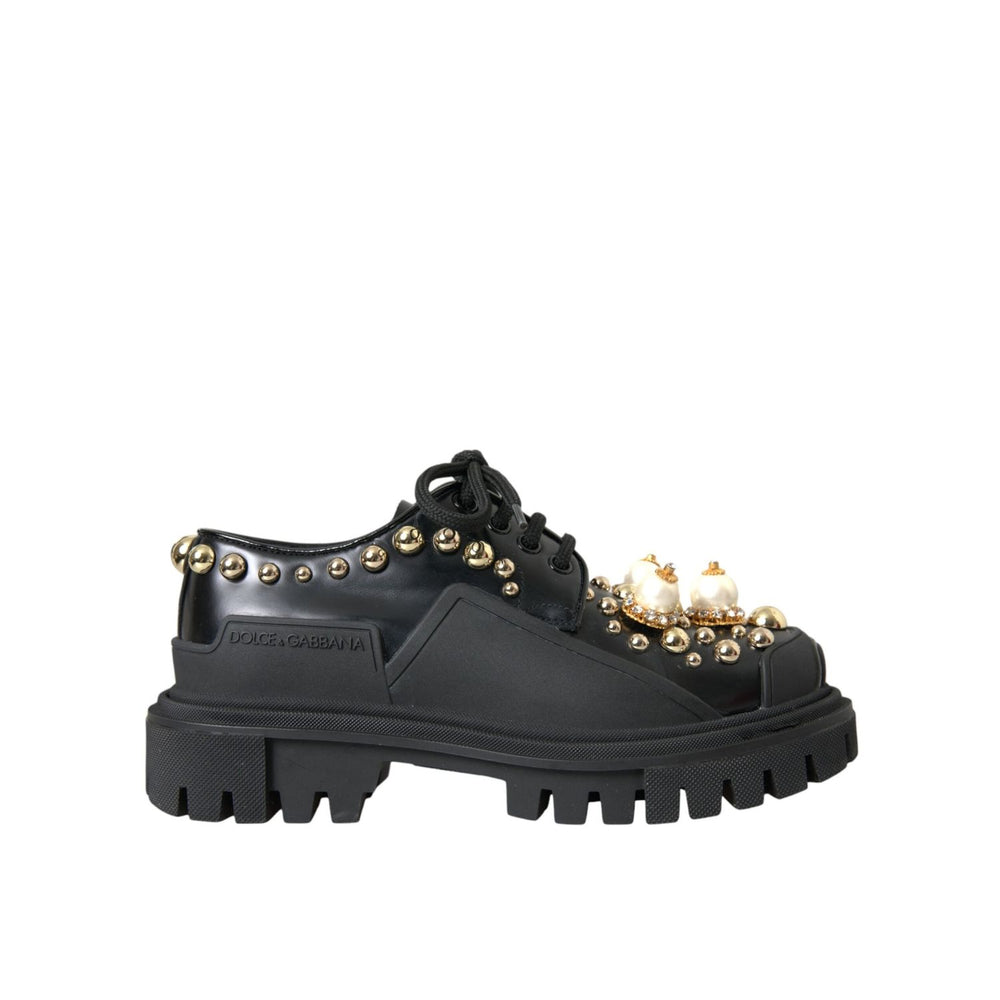 Dolce & Gabbana Black Leather Trekking Derby Embellished Shoes LA10843#1-36.5