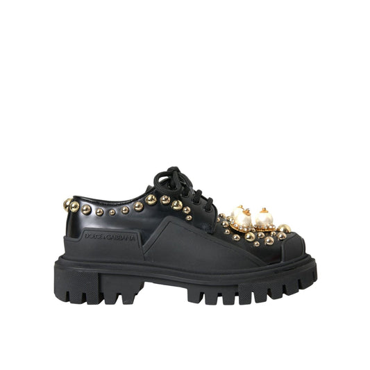 Dolce & Gabbana Black Leather Trekking Derby Embellished Shoes LA10843#1-36.5