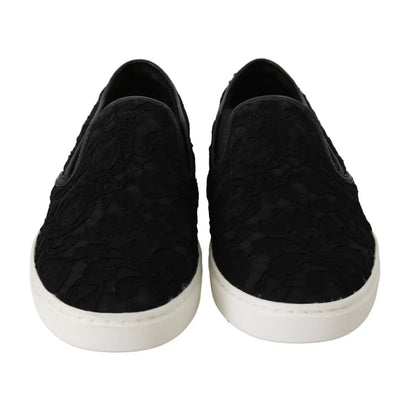 Dolce & Gabbana Black Lace Leather Logo Flat Slip-On Sneakers