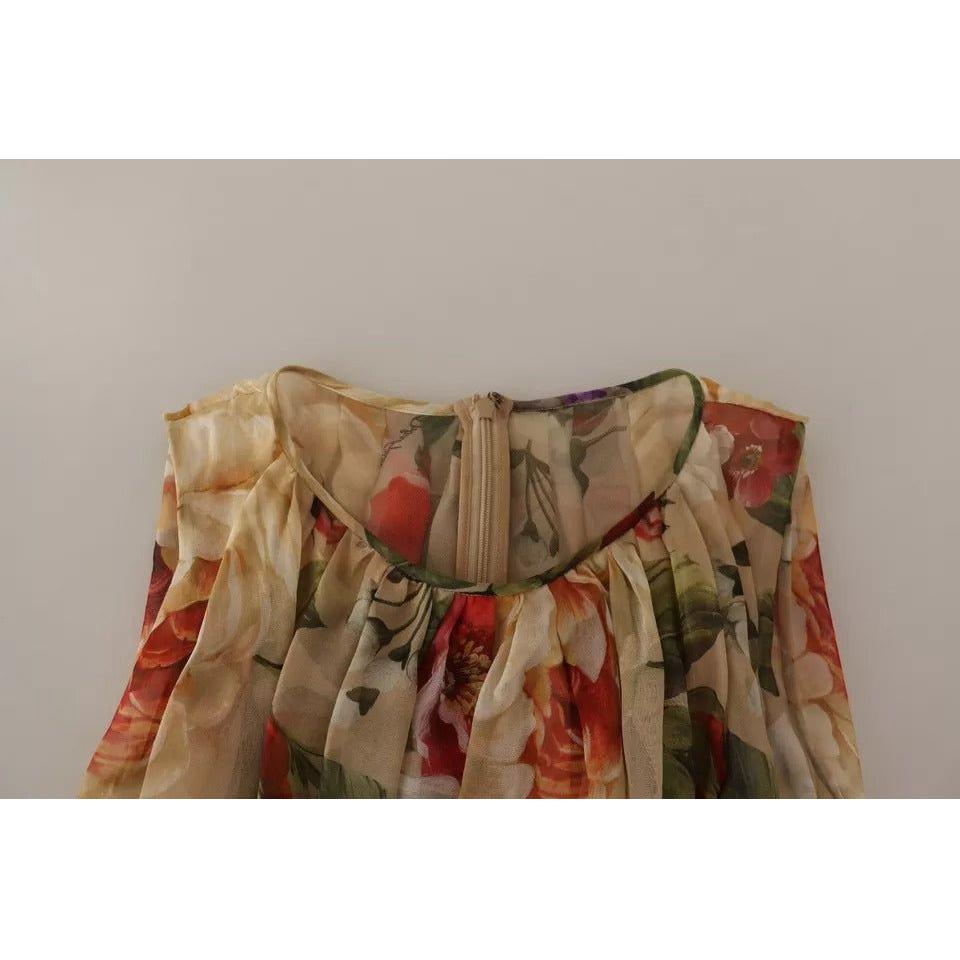 فستان دولتشي آند غابانا قصير بأكمام قصيرة ورقبة دائرية وبتصميم زهور باللون البيج