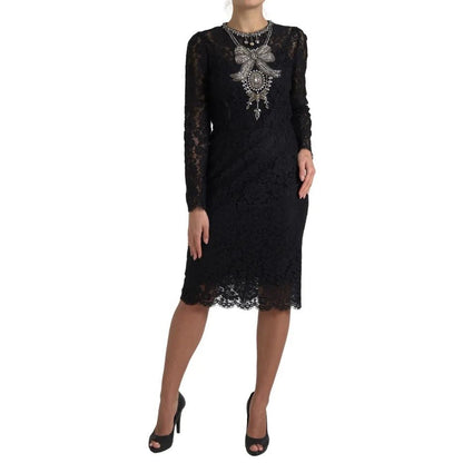 Dolce & Gabbana Black Nylon Lace Embellished Sheath Dress