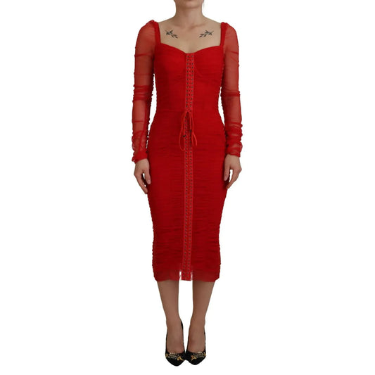 Dolce & Gabbana Red Mesh Trim Bodycon Sheath Midi Dress DR28904#2-40
