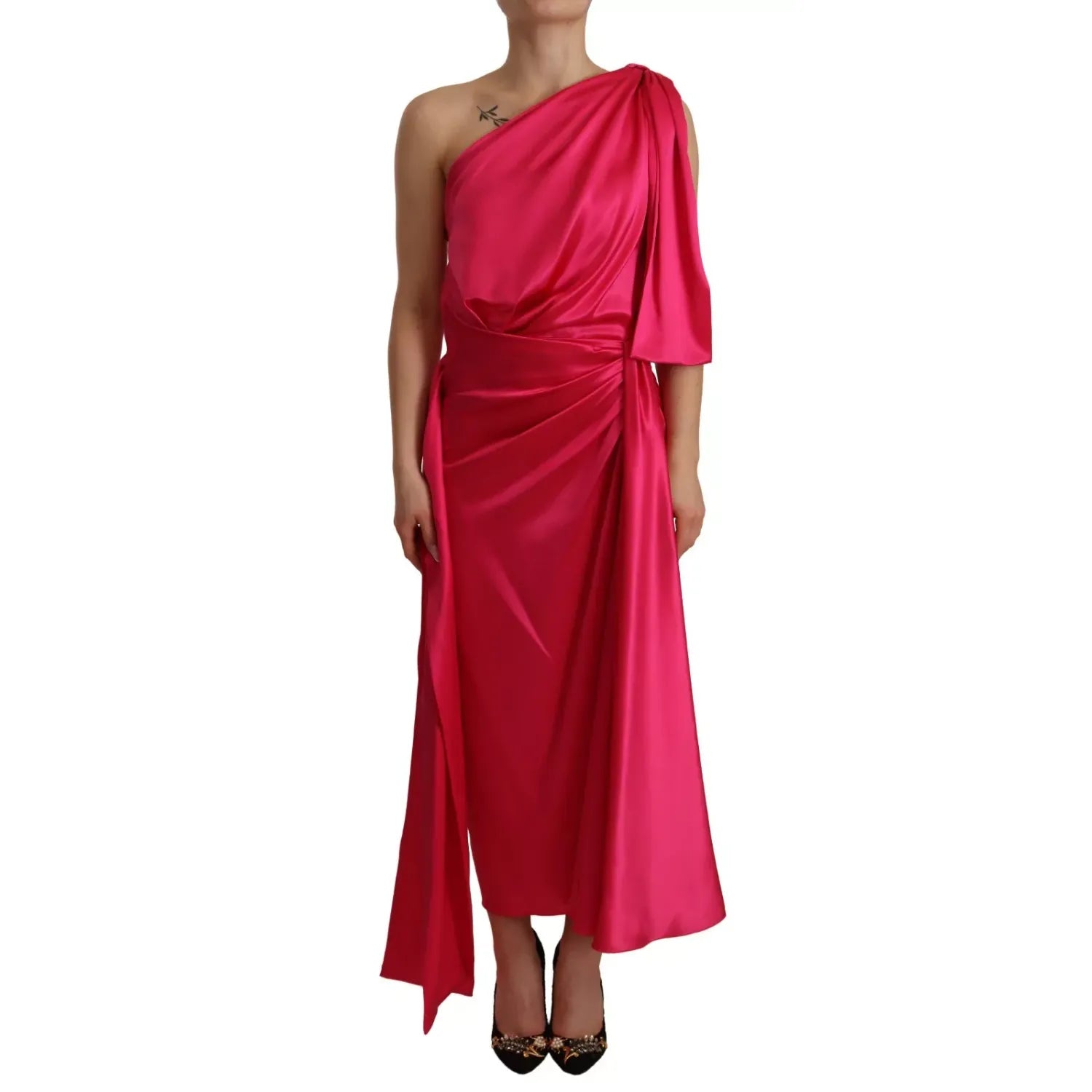 Dolce & Gabbana Silk Pink Fitted Cut One Shoulder Midi Dress