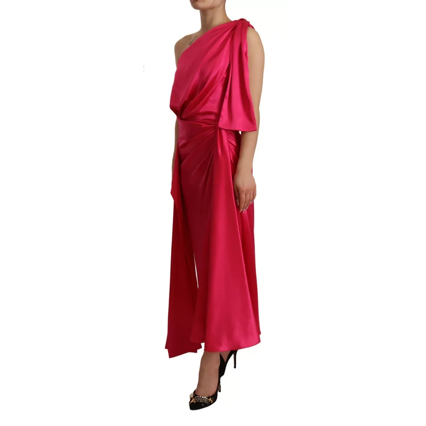 Dolce & Gabbana Silk Pink Fitted Cut One Shoulder Midi Dress
