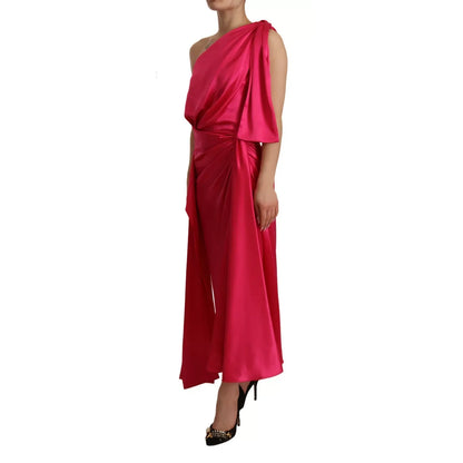 Dolce & Gabbana Silk Pink Fitted Cut One Shoulder Midi Dress