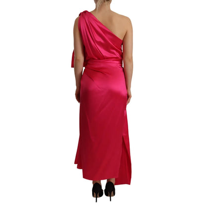 Dolce & Gabbana Silk Pink Fitted Cut One Shoulder Midi Dress