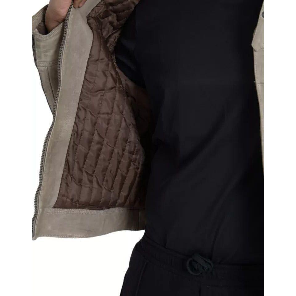 Dolce & Gabbana Beige Leather Full Zip Biker Coat Jacket JKT4052-48