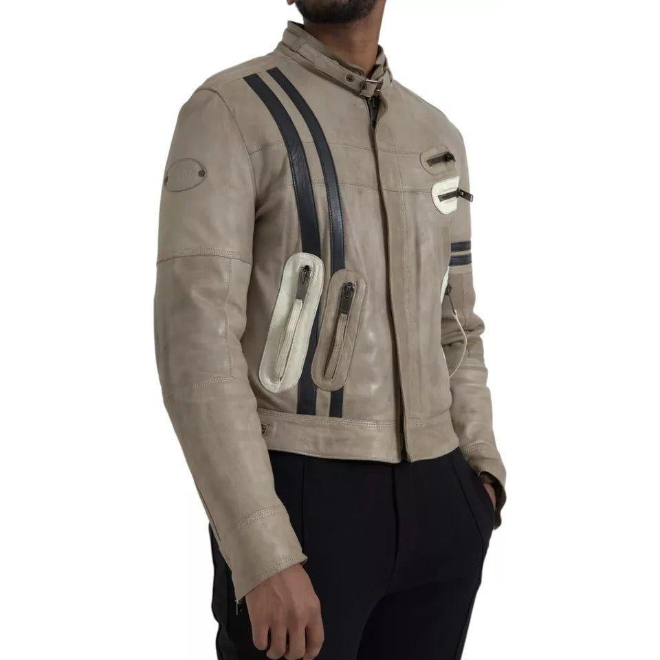 Dolce & Gabbana Beige Leather Full Zip Biker Coat Jacket JKT4052-48