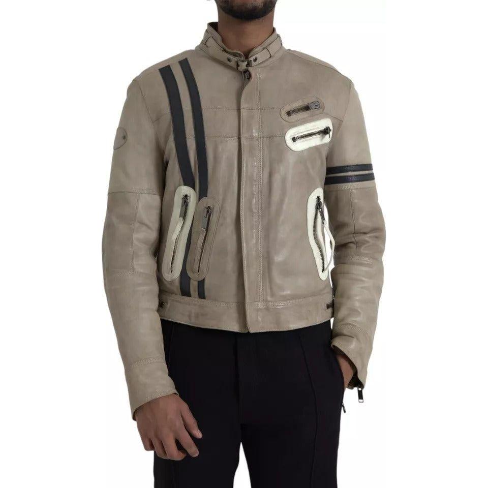Dolce & Gabbana Beige Leather Full Zip Biker Coat Jacket JKT4052-48