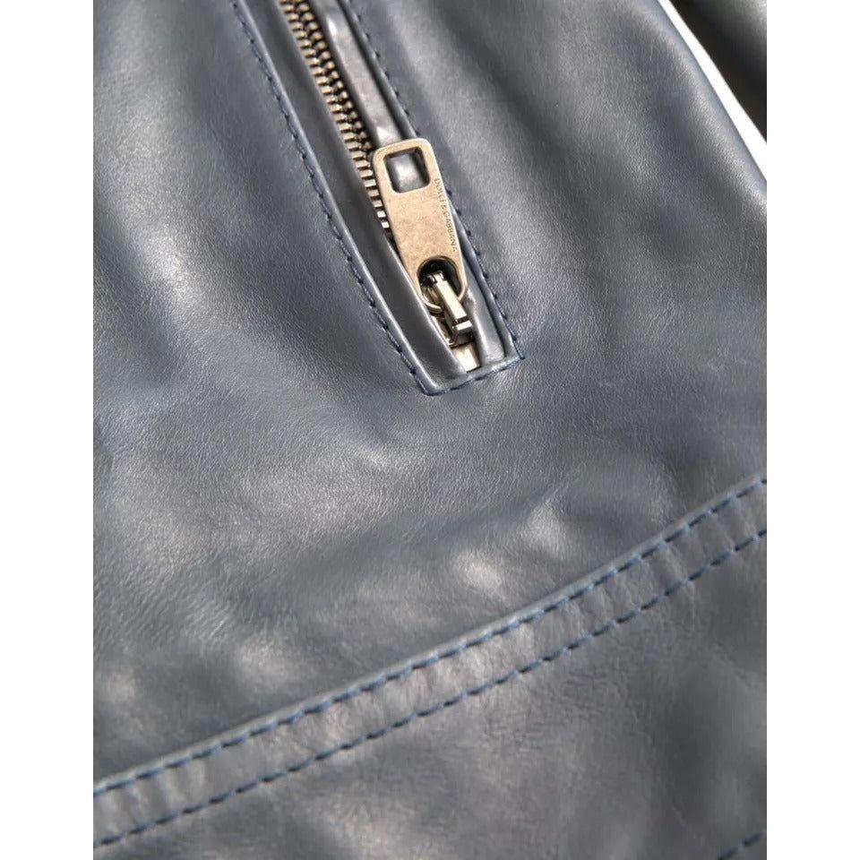 جاكيت بايكر بلوزون من الجلد الأزرق بسحّاب كامل من دولتشي آند غابانا