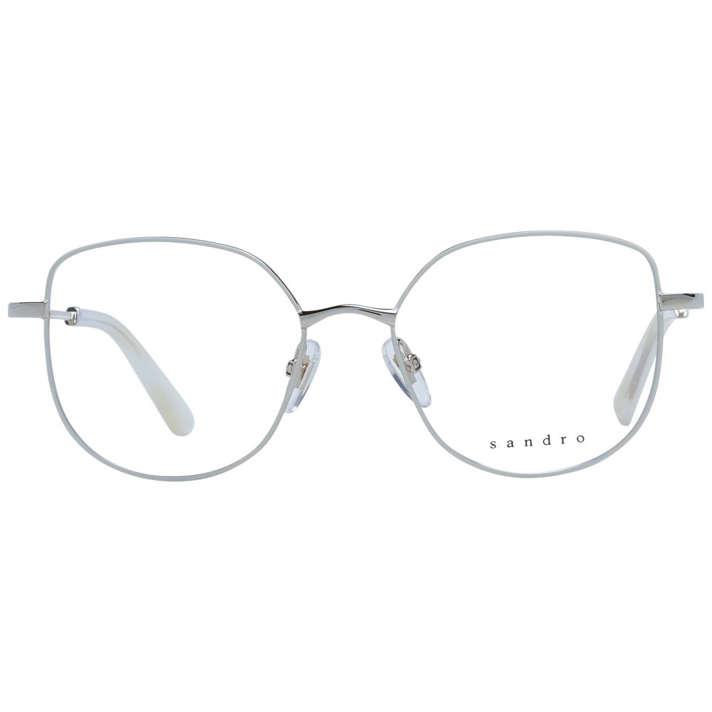 Sandro White Women Glasses Frame in stainless steel, full-rim square style, demo lenses, size 51-17-135, includes branded case.