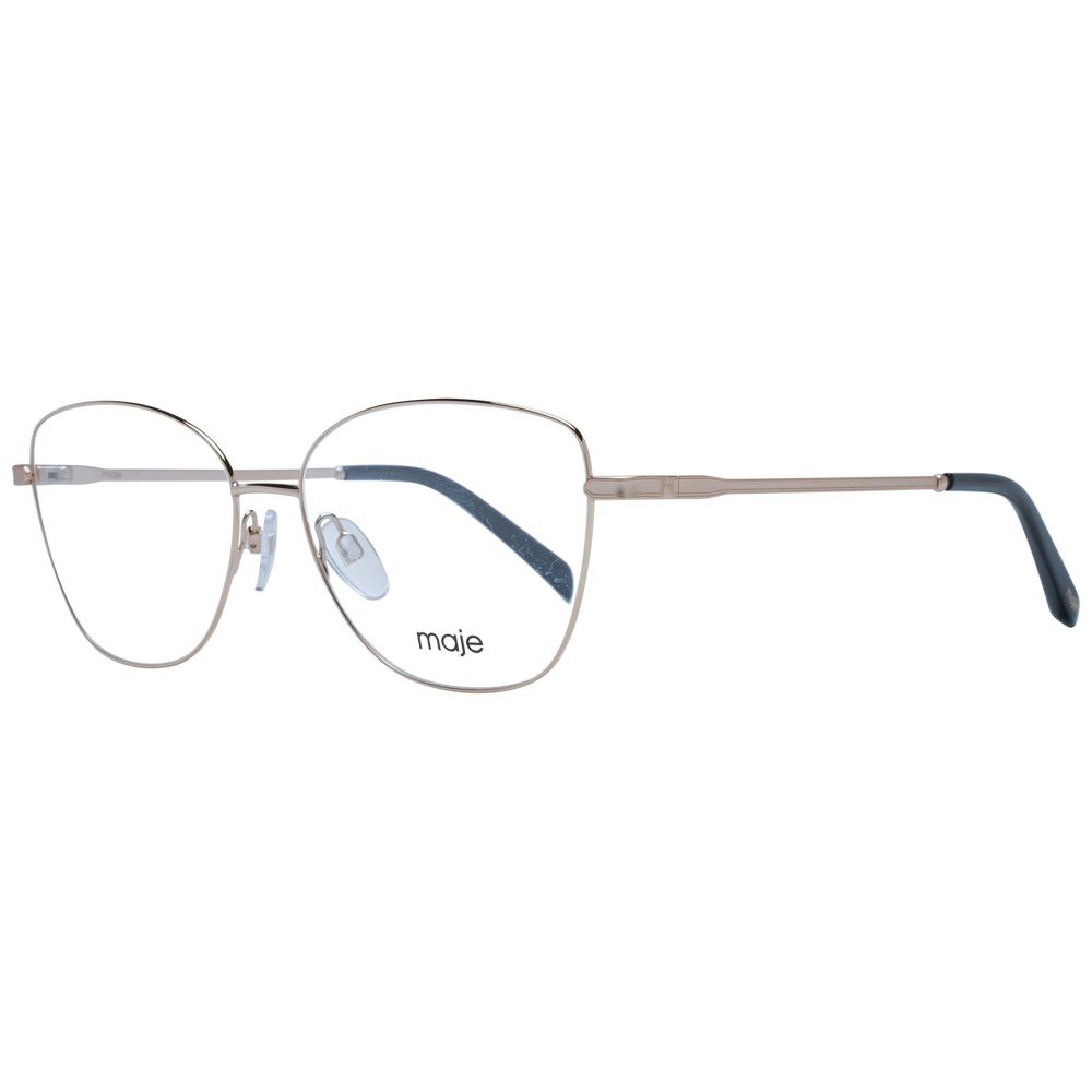 Maje Gold Women Glasses Frame in stainless steel, full-rim style with square shape, demo lenses, and branded case.