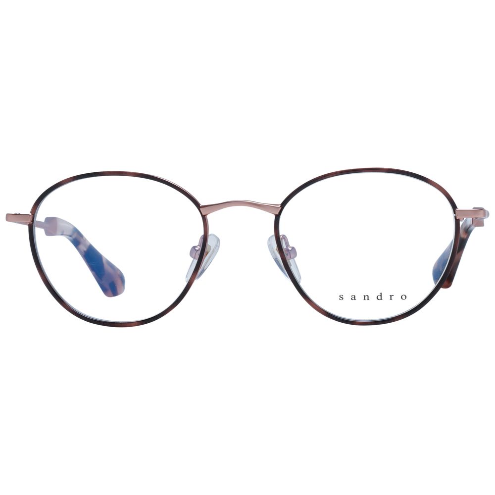 Sandro Brown Women Glasses Frame in stainless steel, full-rim design, round style with demo lenses, includes branded case.