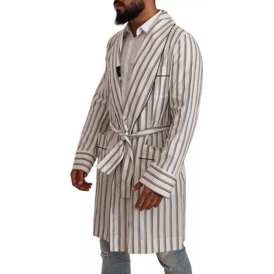 Dolce & Gabbana White Striped Cotton Robe Coat Wrap Jacket JKT3076-48