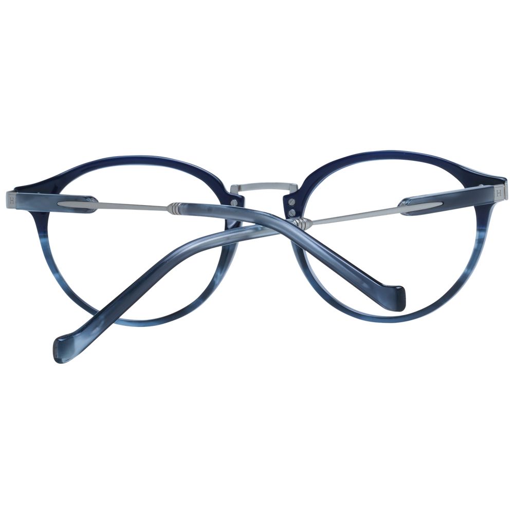 Hackett Blue Men Glasses Frame, full-rim acetate with demo lenses, round style, size 50-19-145, includes branded case.