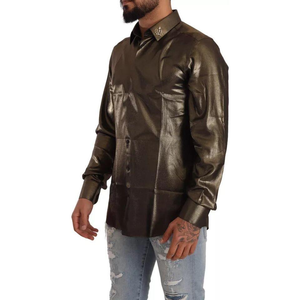 قميص علوي من الحرير بتطريز تاج من DG باللون الذهبي المعدني من Dolce &amp; Gabbana