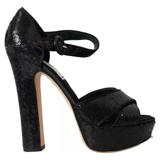 Dolce & Gabbana Black Sequin Ankle Strap Heels Sandals Shoes LA10916-38