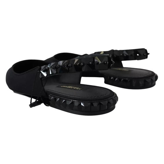 Dolce & Gabbana Black Flats Crystal Slingback Charmeuse Shoes LA10051-36