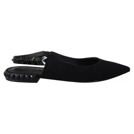 Dolce & Gabbana Black Flats Crystal Slingback Charmeuse Shoes LA8980-37