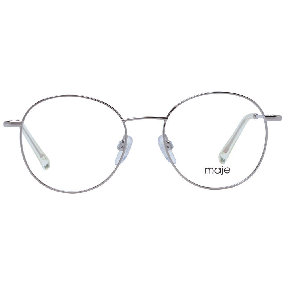 Maje Gold Women Glasses Frame in stainless steel with full-rim round style, demo lenses, size 48-17-140, includes branded case.