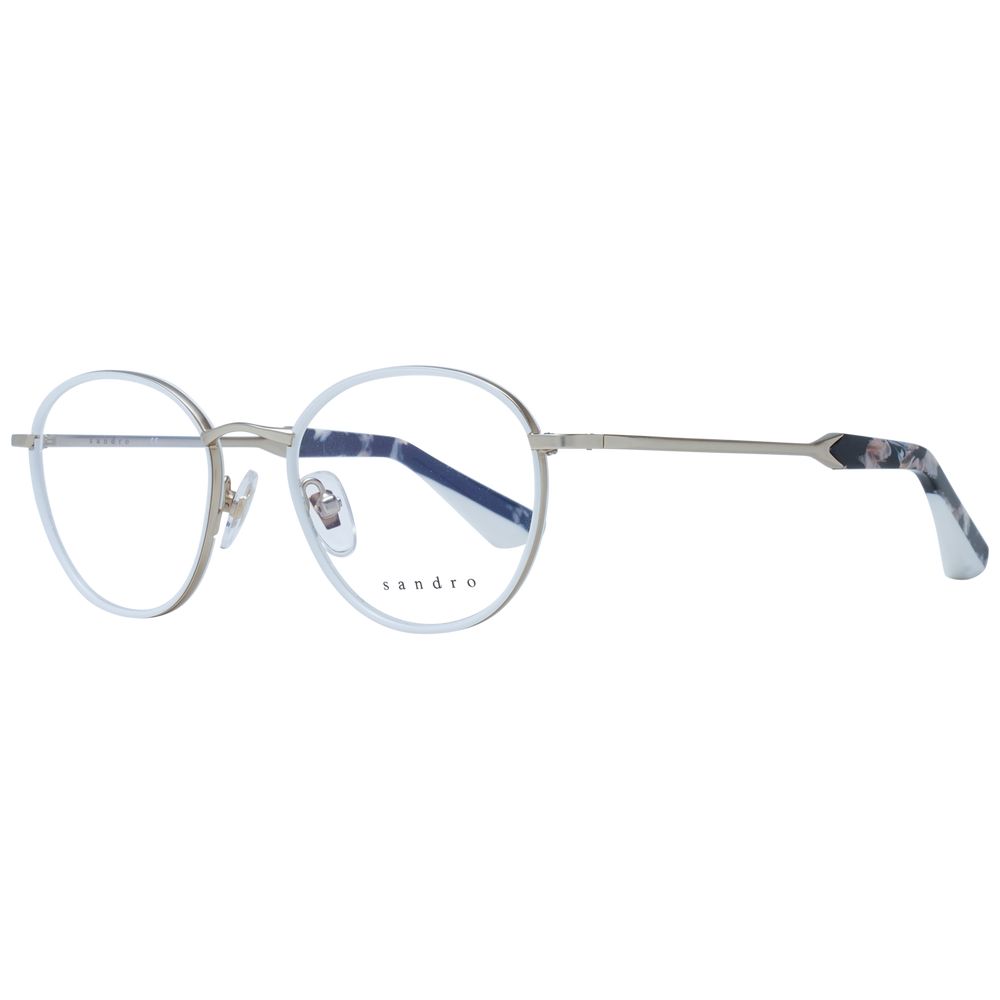 Sandro White Women Glasses Frame with full-rim stainless steel in white, oval style, demo lenses, size 48-19-135, includes branded case.