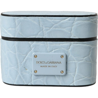 Dolce & Gabbana Light Blue Leather Metal Logo Plaque Airpods Case