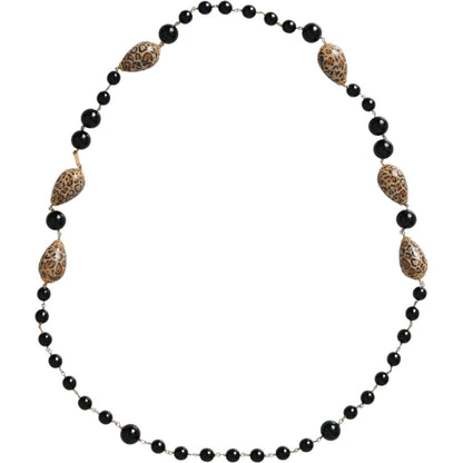 Dolce & Gabbana Gold Tone Brass Black Printed Beaded Long Chain Necklace Necklace