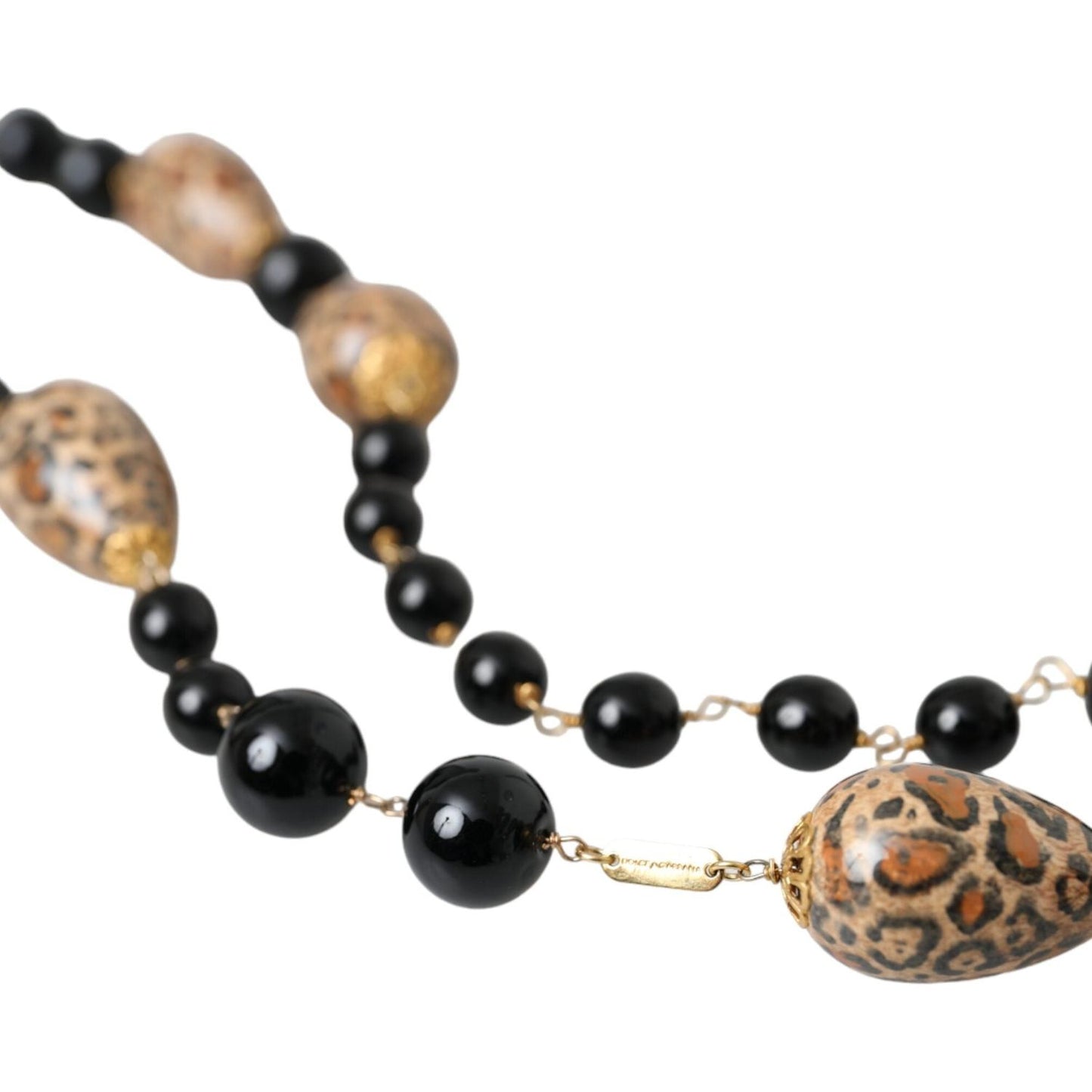 Dolce & Gabbana Gold Tone Brass Black Printed Beaded Long Chain Necklace Necklace