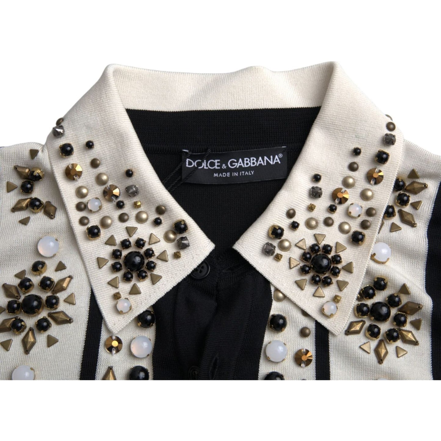 Dolce & Gabbana White Black Silk Studded Stone Crystal Shirt