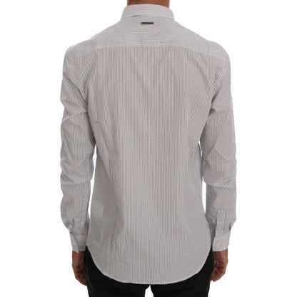 Frankie Morello White Blue Striped Casual Cotton Regular Fit Shirt