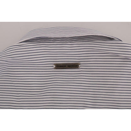 Frankie Morello White Blue Striped Casual Cotton Regular Fit Shirt