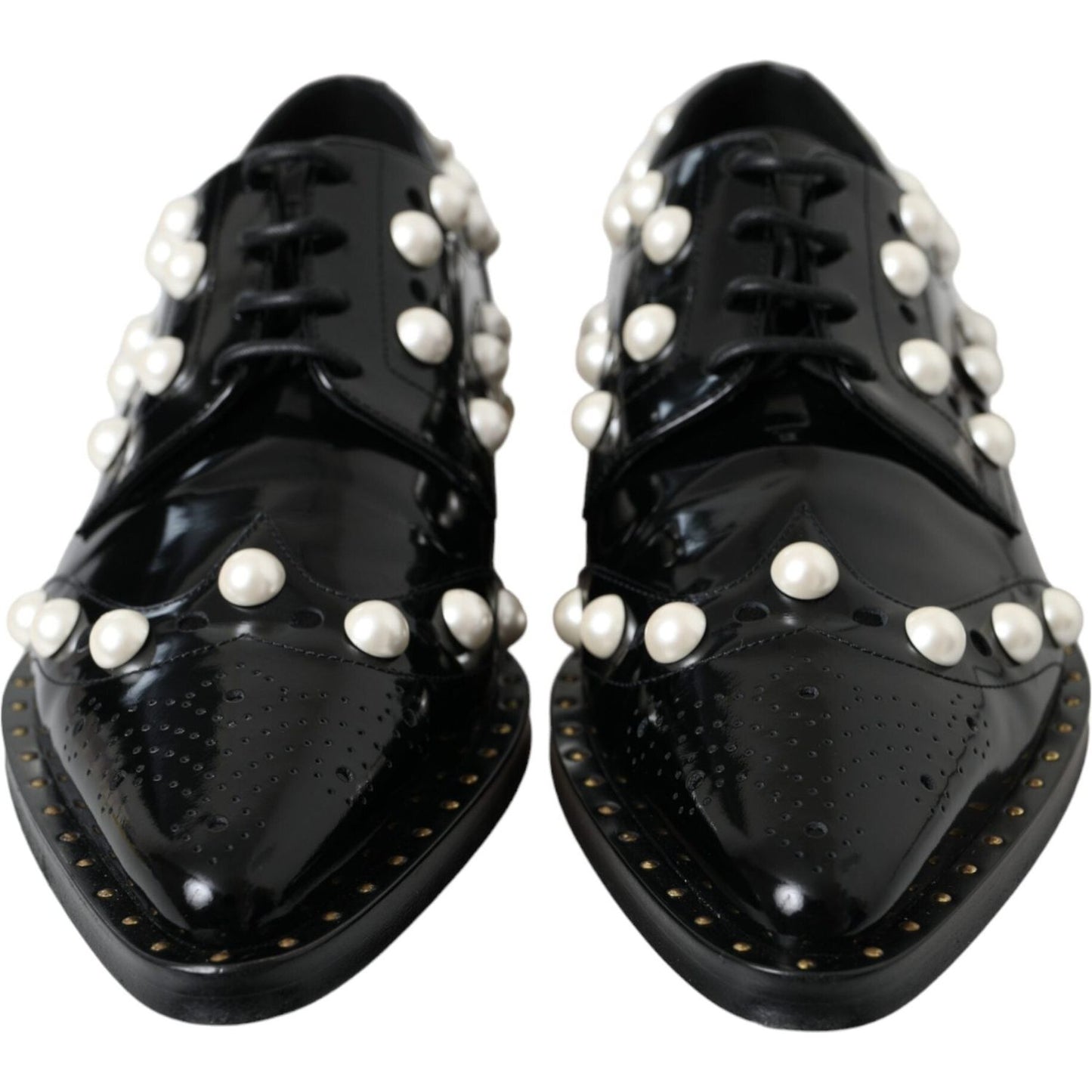 Dolce & Gabbana Black Leather Faux Pearl Dress Broque Shoes LA11189-40