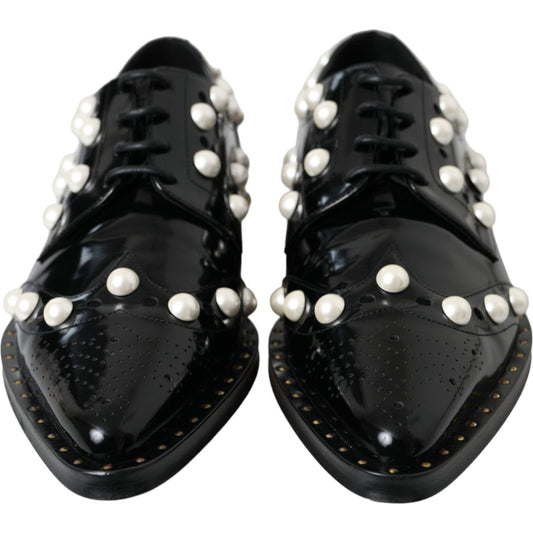 Dolce & Gabbana Black Leather Faux Pearl Dress Broque Shoes LA11189-40
