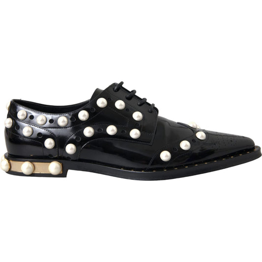 Dolce & Gabbana Black Leather Faux Pearl Dress Broque Shoes LA11189-40