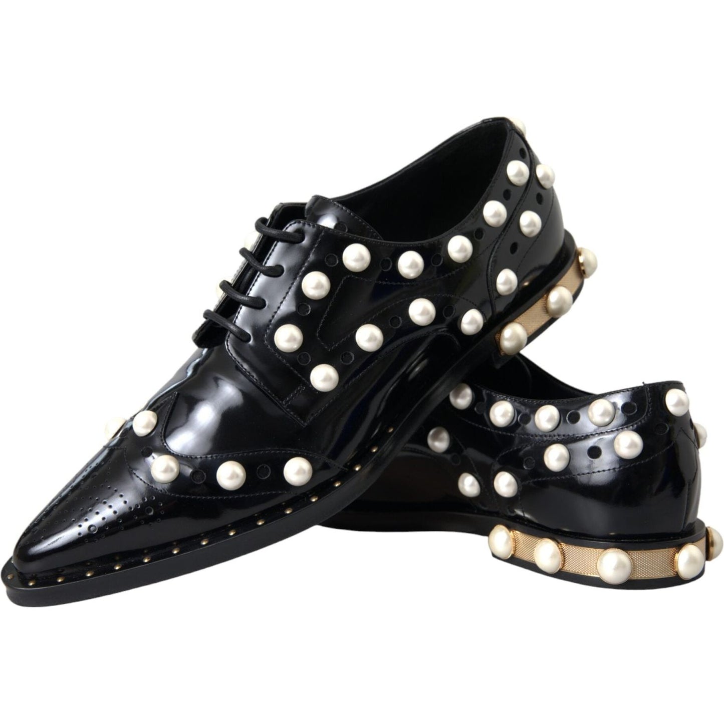 Dolce & Gabbana Black Leather Faux Pearl Dress Broque Shoes LA11189-40