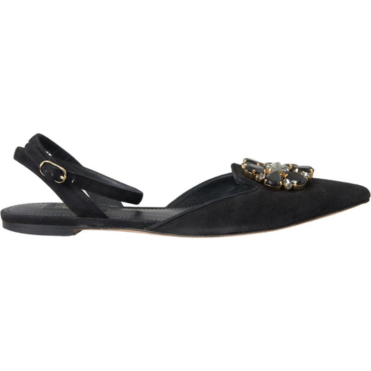 Dolce & Gabbana Black Leather Crystal Slingback Sandals Shoes LA11164-38