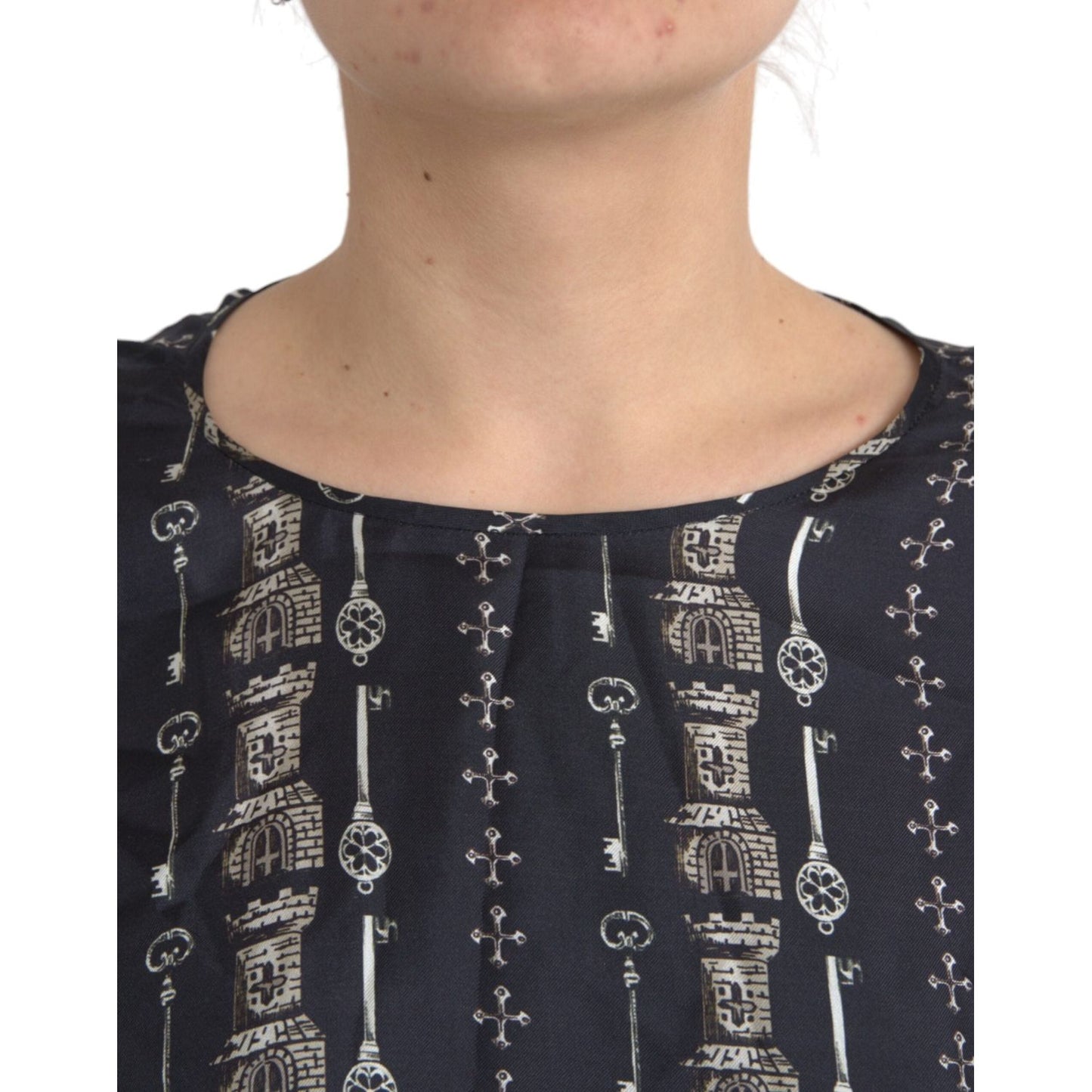 Dolce & Gabbana Black Key Castle Print Silk Blouse T-shirt