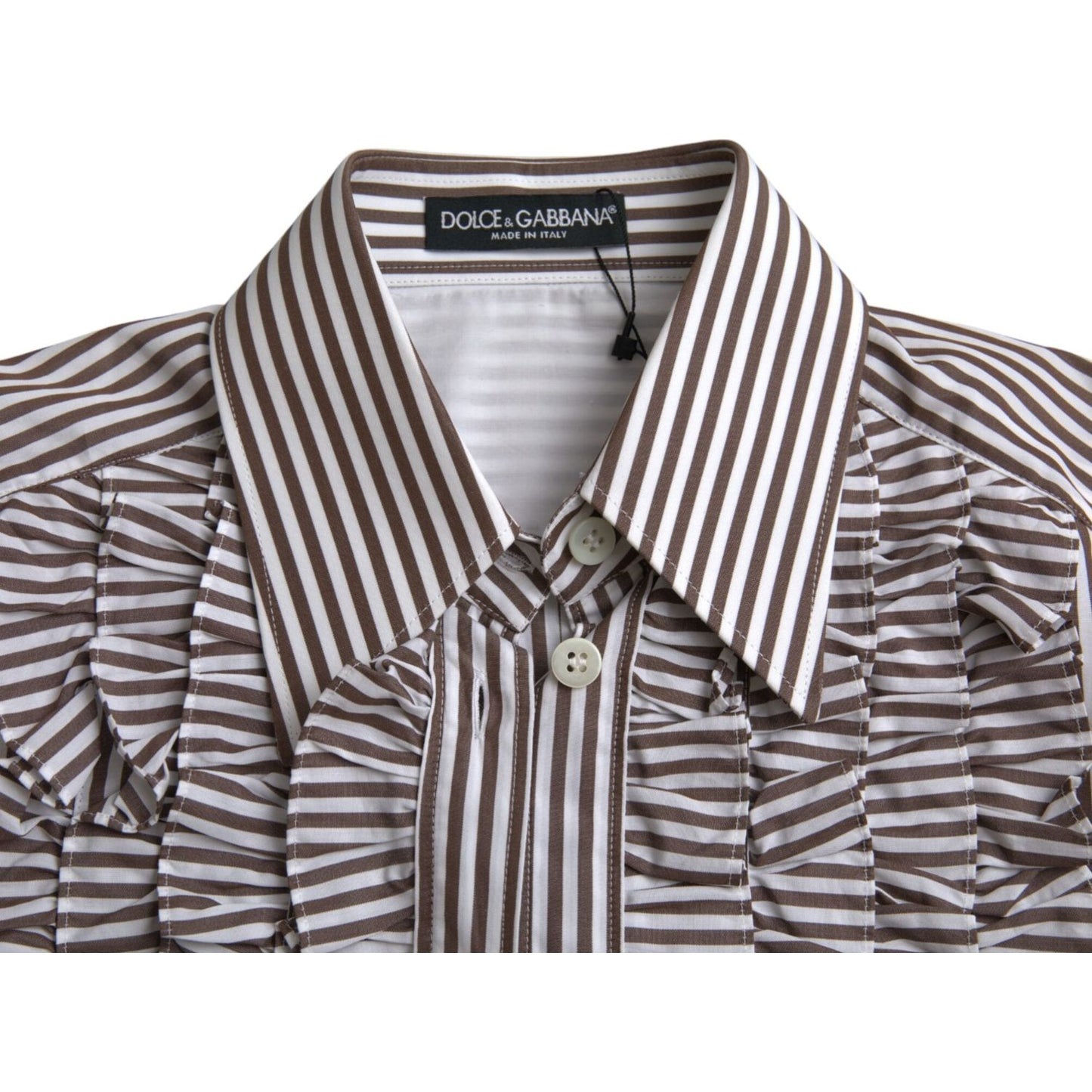 Dolce & Gabbana White Stripes Cotton Long Sleeves Ruffle Collar Top TSH852023-36