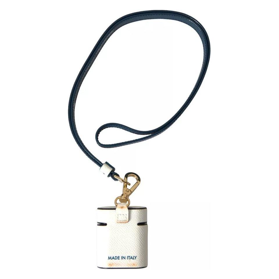 حافظة سماعات Airpods من دولتشي آند غابانا مصنوعة من جلد العجل باللون الأبيض والأزرق بطبعة شعار