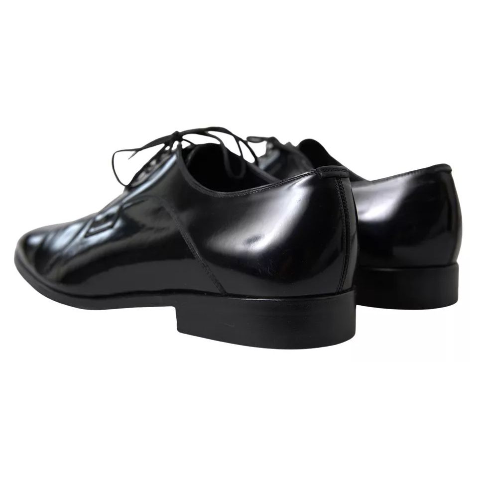 Dolce & Gabbana Black Polished Leather Formal Dress Shoes with logo details, preowned with tags, made in Italy.