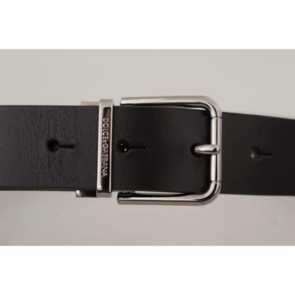Dolce & Gabbana Black Calf Leather Logo Engraved Metal Buckle Belt