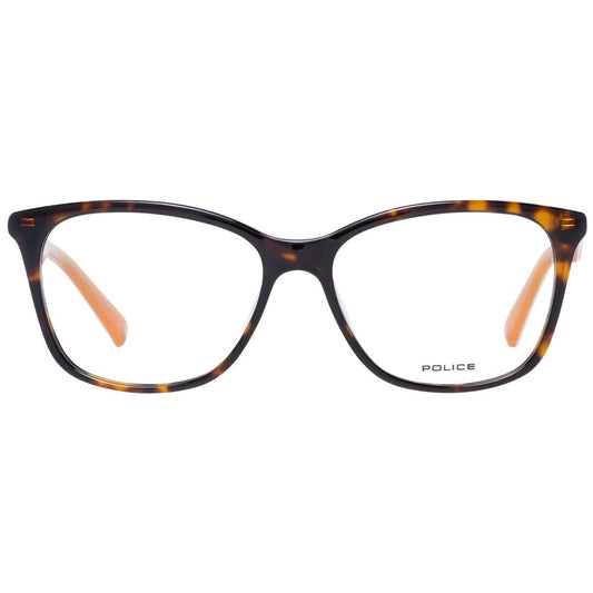 Police Brown Women Glasses Frame with full-rim rectangle style, 52-15-140 size, and transparent plastic lenses.