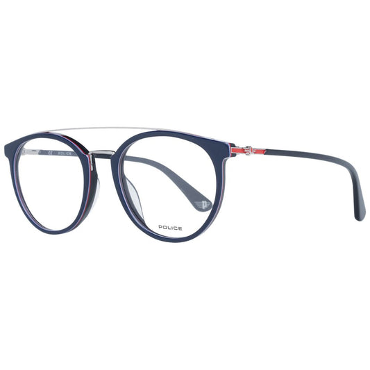 Police Blue Men Glasses Frame with round blue full-rim design, metal and plastic material, featuring spring hinges and demo lenses.