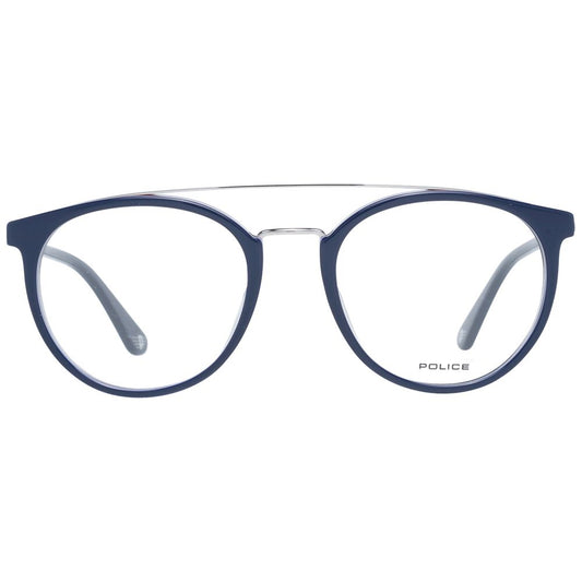 Police Blue Men Glasses Frame with full-rim round style, blue metal and plastic frame, spring hinge, size 51-19-145, demo lenses.