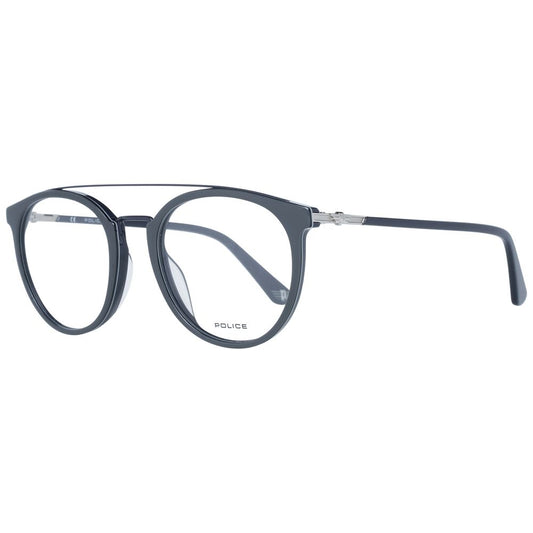 Police Gray Men Glasses Frame in full-rim style with gray metal and plastic material, featuring spring hinges and branded case included.