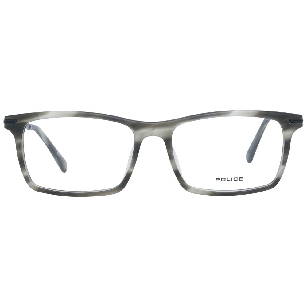 Police Gray Men Glasses Frame, full-rim grey eyewear with metal and plastic frame, size 52-16-145, includes branded case. No spring hinge.