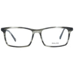 Police Gray Men Glasses Frame, full-rim grey eyewear with metal and plastic frame, size 52-16-145, includes branded case. No spring hinge.