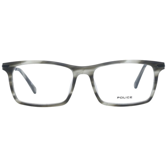 Police Gray Men Glasses Frame, full-rim grey eyewear with metal and plastic frame, size 52-16-145, includes branded case. No spring hinge.