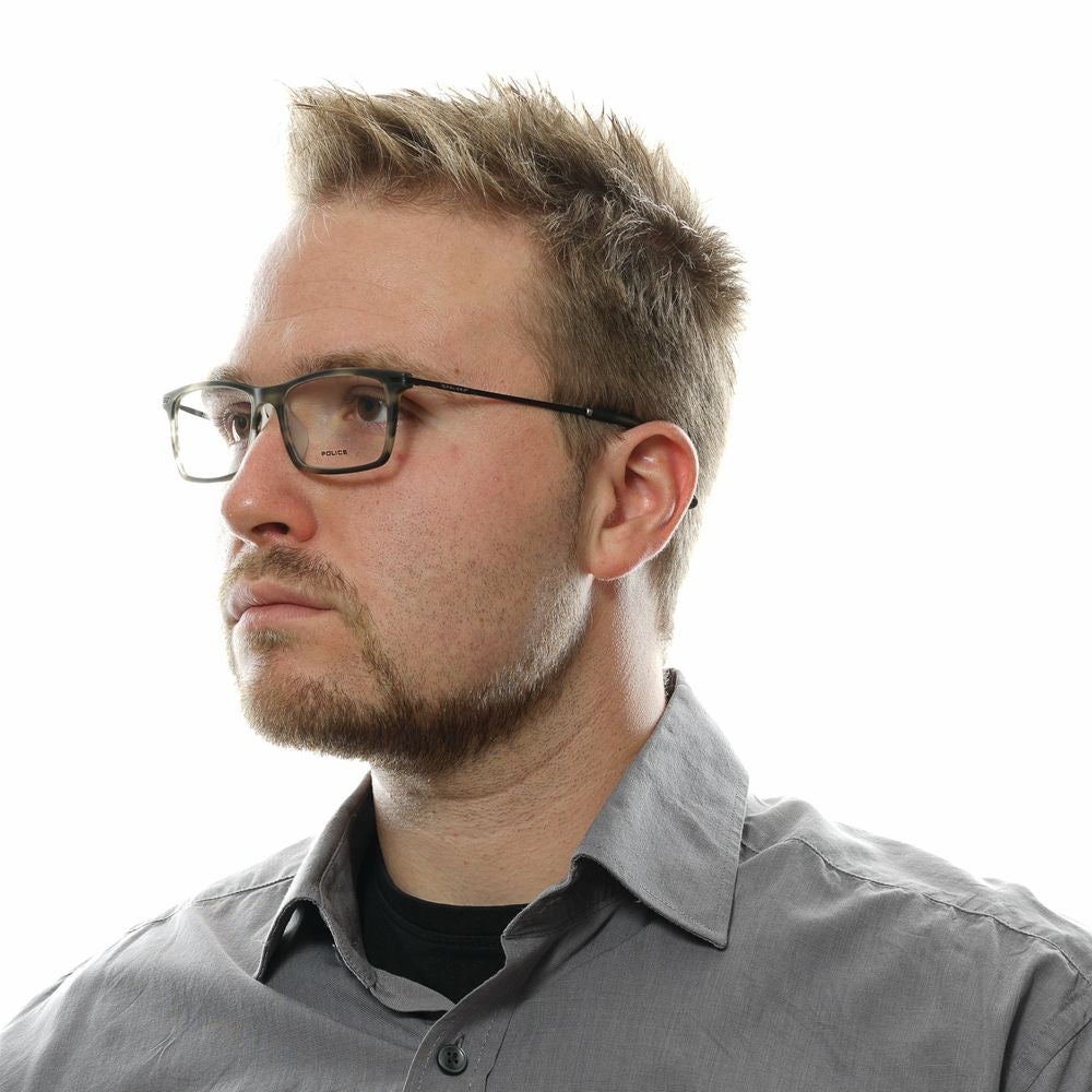 Man wearing Police Gray Men Glasses Frame with grey metal and plastic material, full-rim style, size 52-16-145, frame width 137.