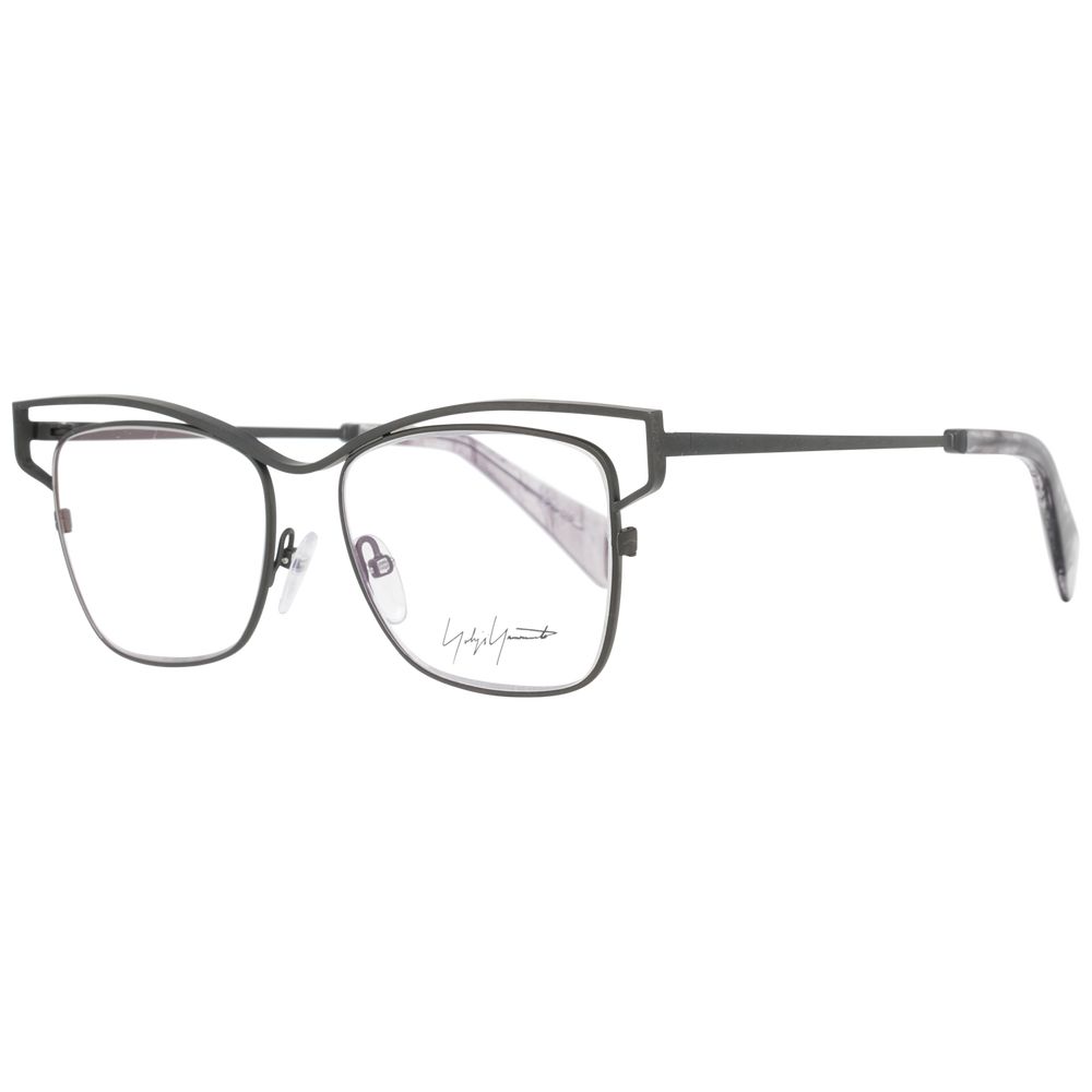 Yohji Yamamoto Gray Women Glasses Frame in gunmetal, titanium material, full-rim square style, with demo lenses and branded soft case.